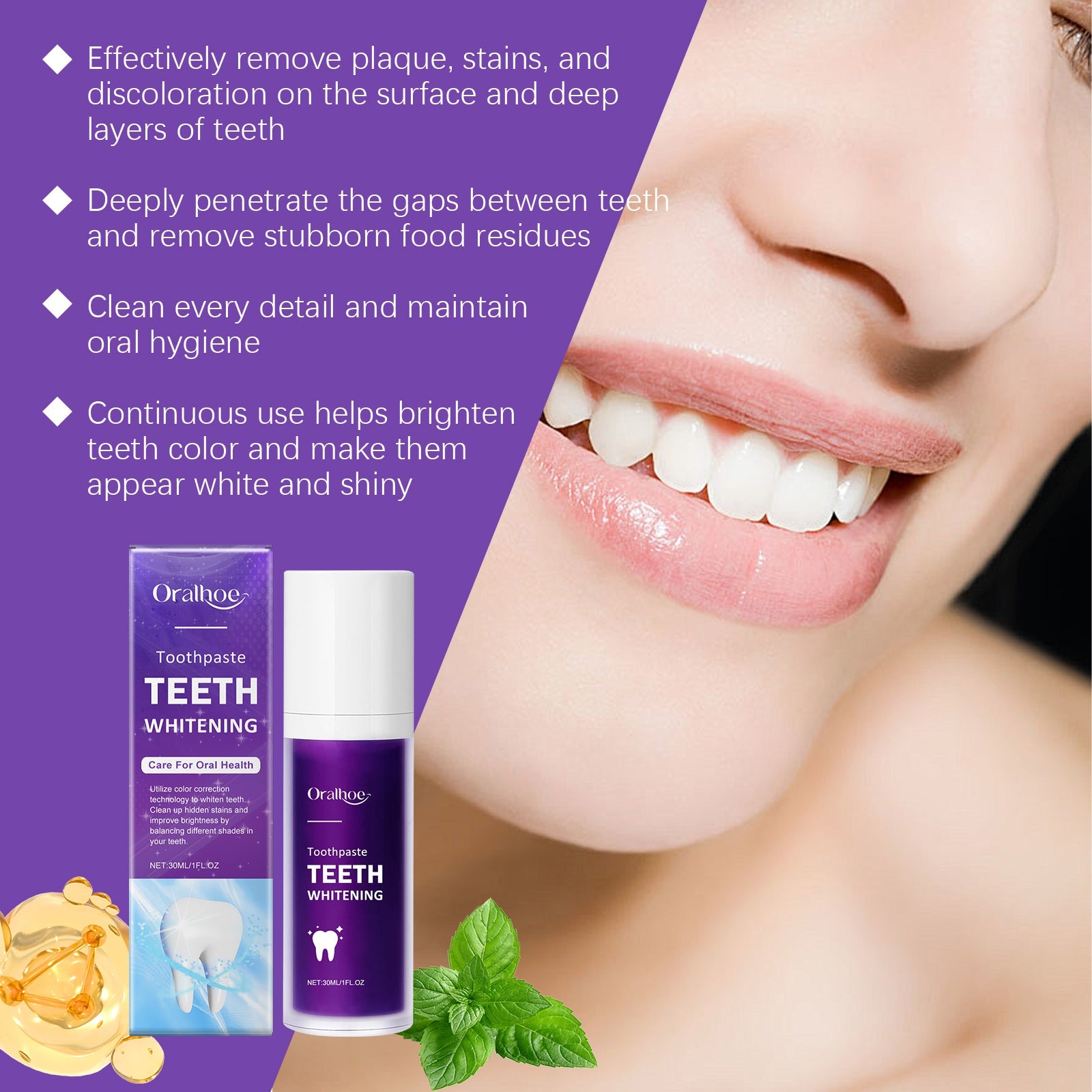 Detailed benefit list with checkmarks describing plaque removal, stain elimination, oral hygiene maintenance, and color brightening
