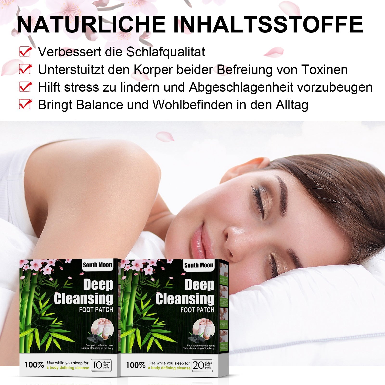 Close-up of woman's feet wearing white adhesive foot patches with text callout explaining bamboo sorrel ingredient and black liquid drainage phenomenon