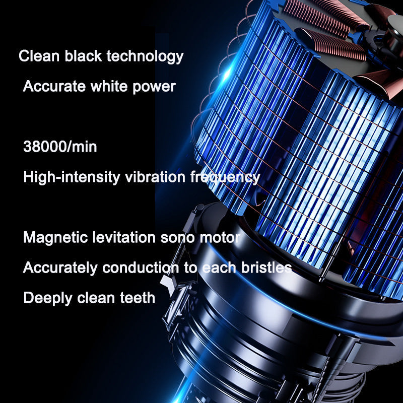 Close-up technical diagram of magnetic levitation motor with blue illumination showing 38000/min vibration frequency and motor specifications