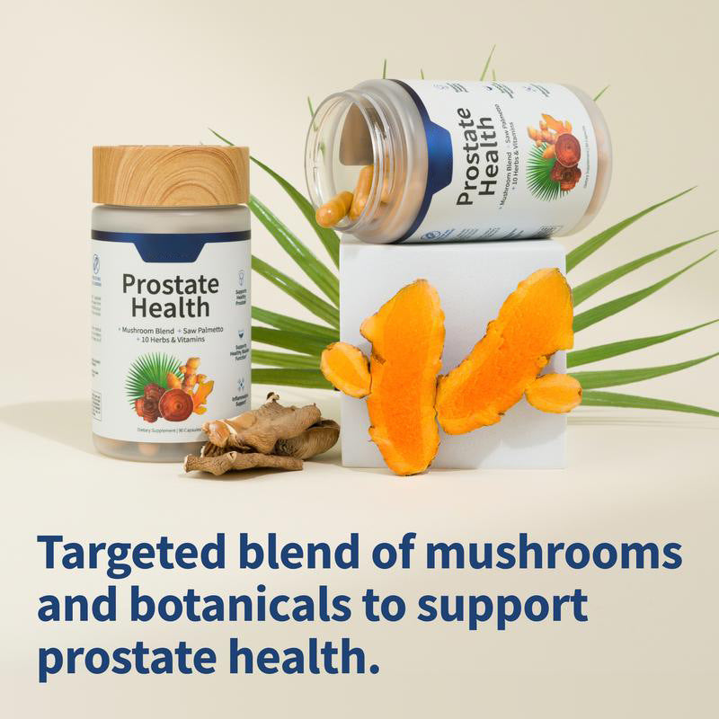 Detailed ingredient breakdown showing saw palmetto, turmeric root, mushroom blend with visual representations of fresh botanicals