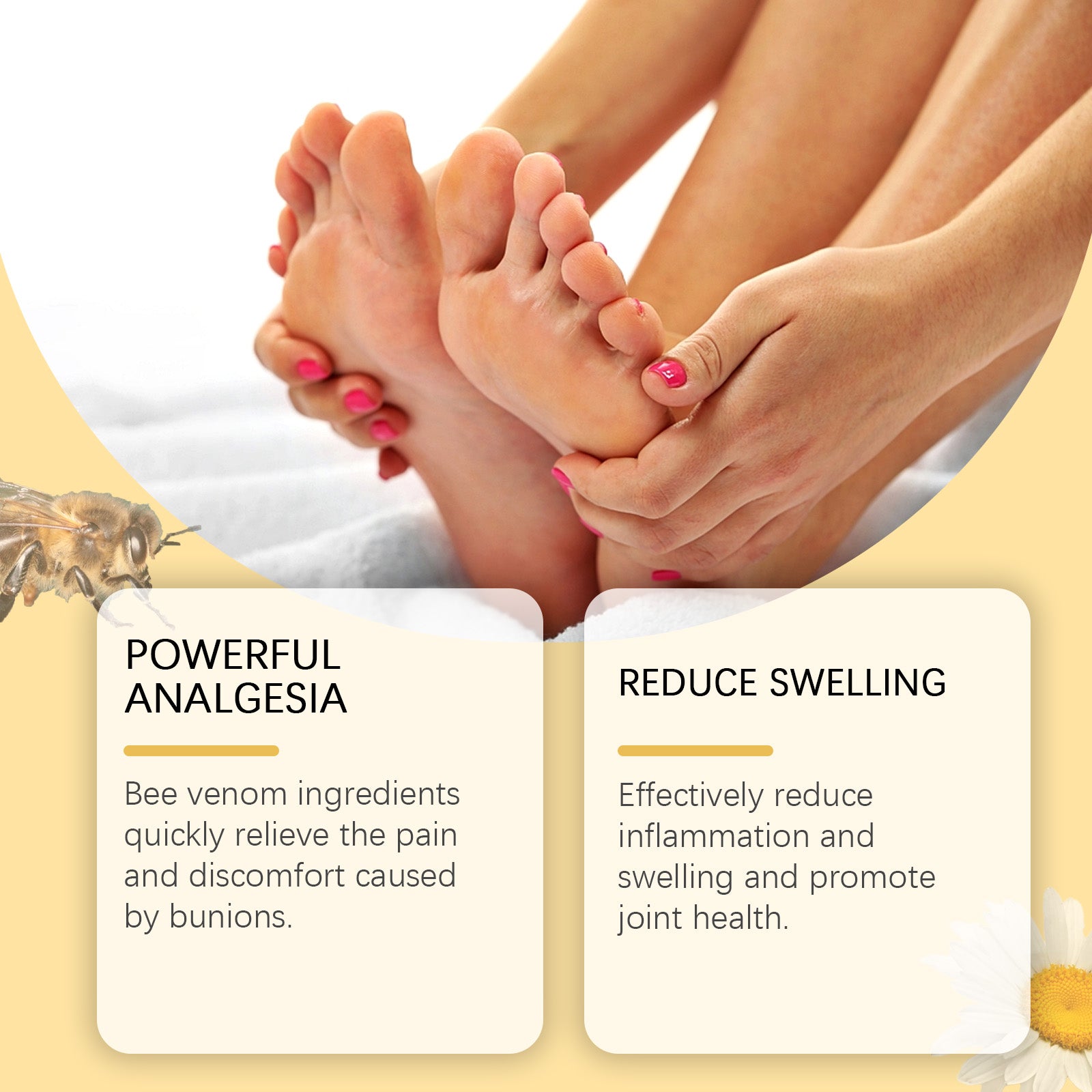 Live foot with visible bunion and redness alongside product on yellow background