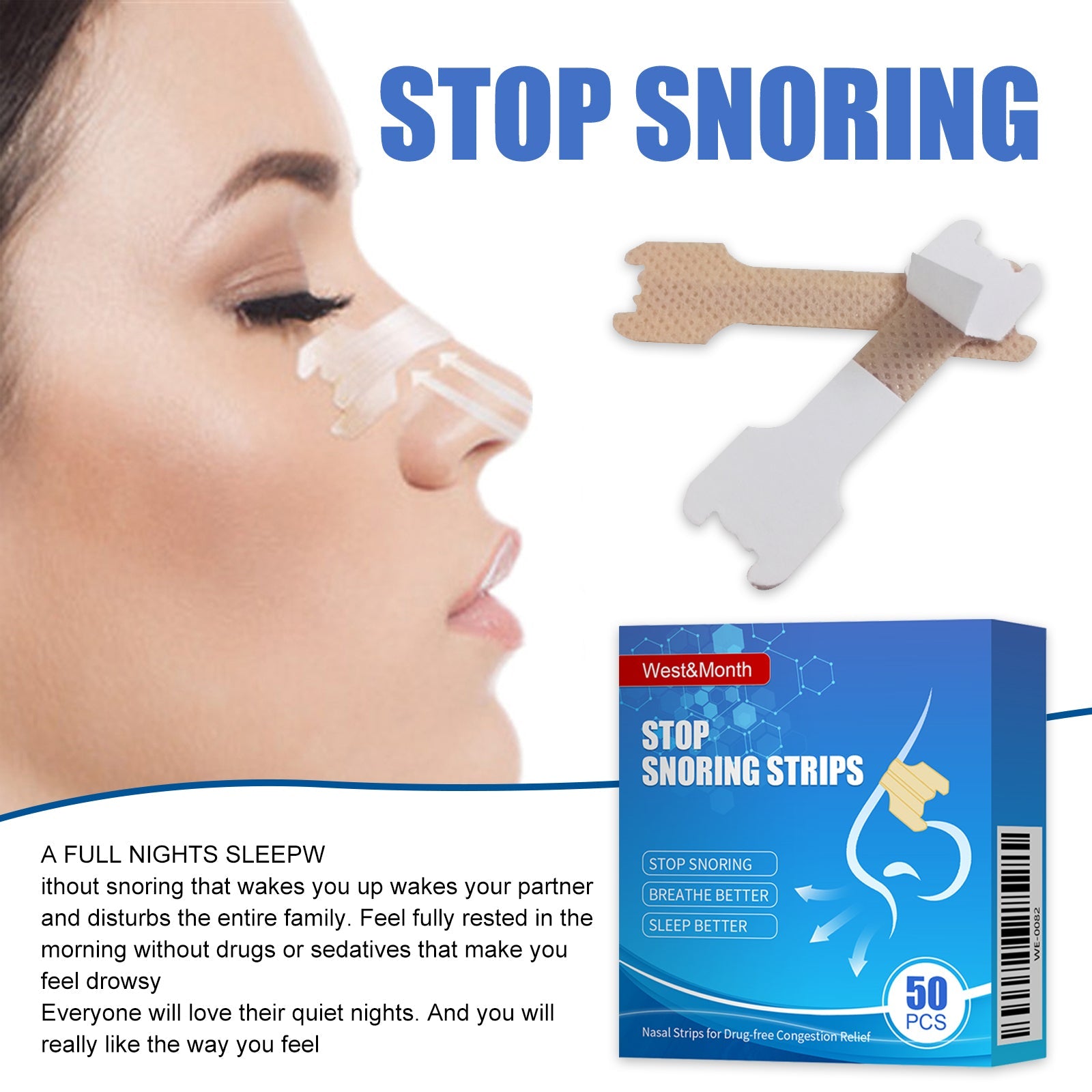 Close-up profile of woman wearing nasal strip with 'STOP SNORING' text and product box with full benefit copy