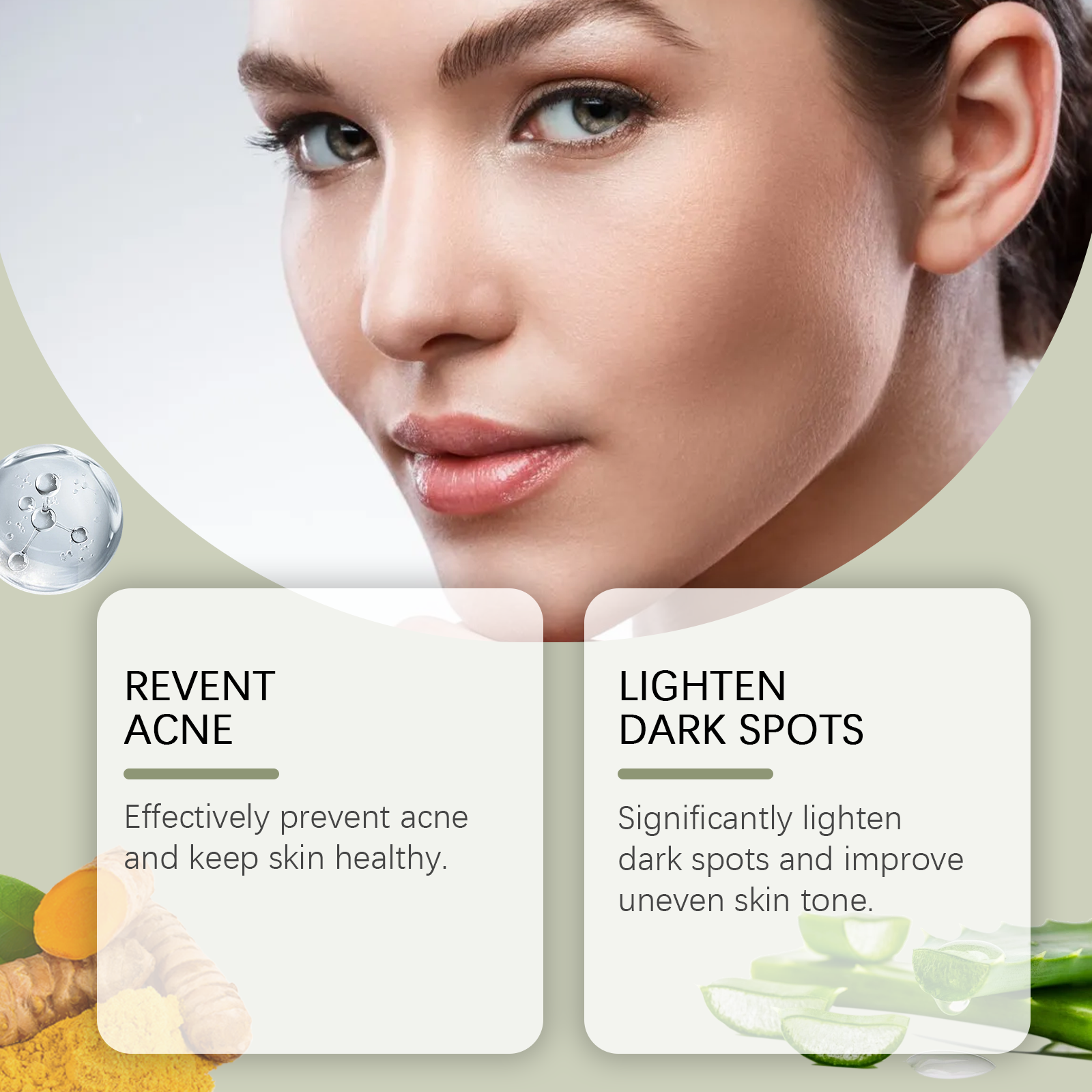 Split-screen before and after showing woman's face with visible acne and blemishes (left) versus clear, smooth skin tone (right)