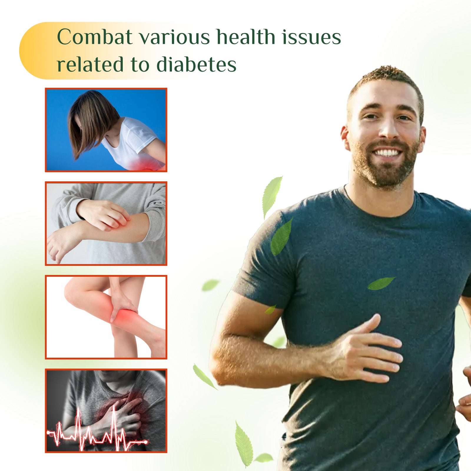 Smiling mature woman with blonde hair in outdoor setting, with inset lifestyle images showing active, healthy women