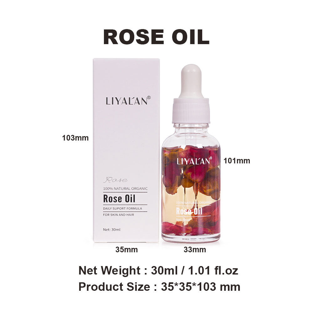 Product specifications showing LIYALAN branded box, 30ml bottle with dimensions (35×35×103mm, 1.01 fl.oz), dropper cap dimensions, and complete packaging set
