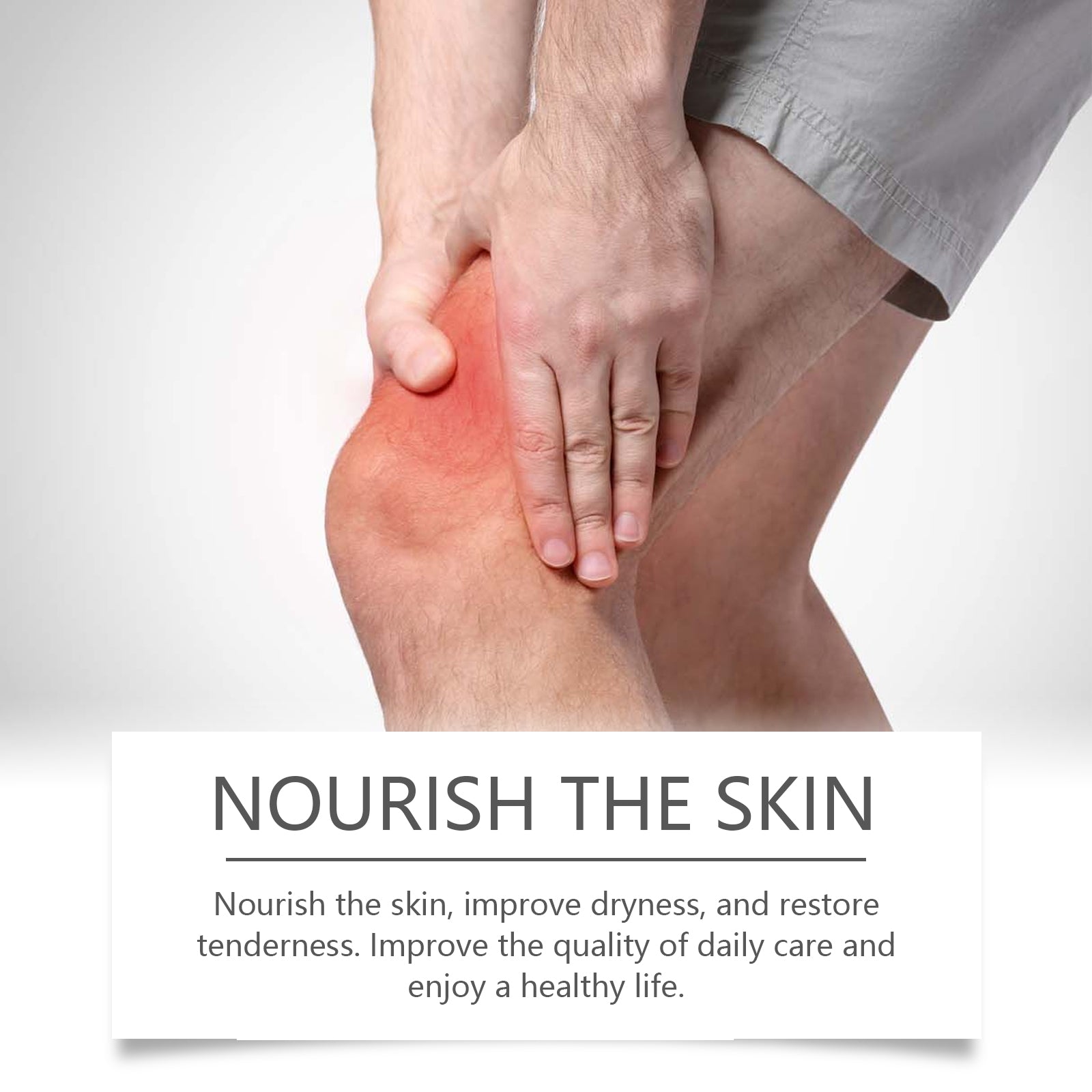 Close-up of inflamed red knee with text 'NOURISH THE SKIN' describing benefits for dryness restoration and daily care quality