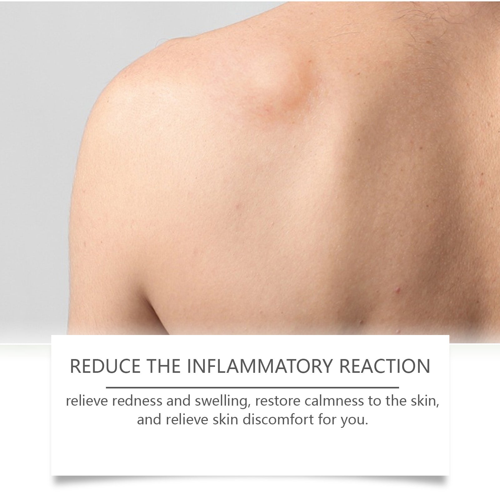 Close-up of skin showing reduced inflammation, smoother appearance, with text overlay describing reduced inflammatory reaction