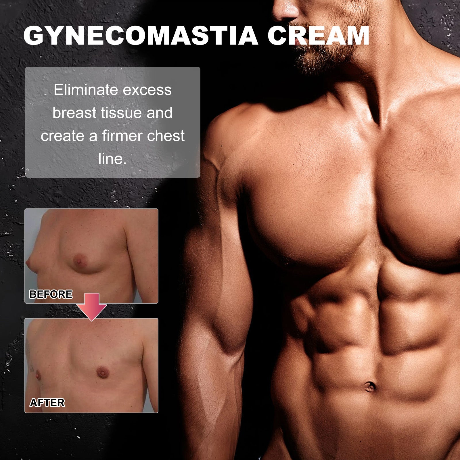 Detailed before/after gynecosmastia cream results on male chest with inset close-ups and shirtless model