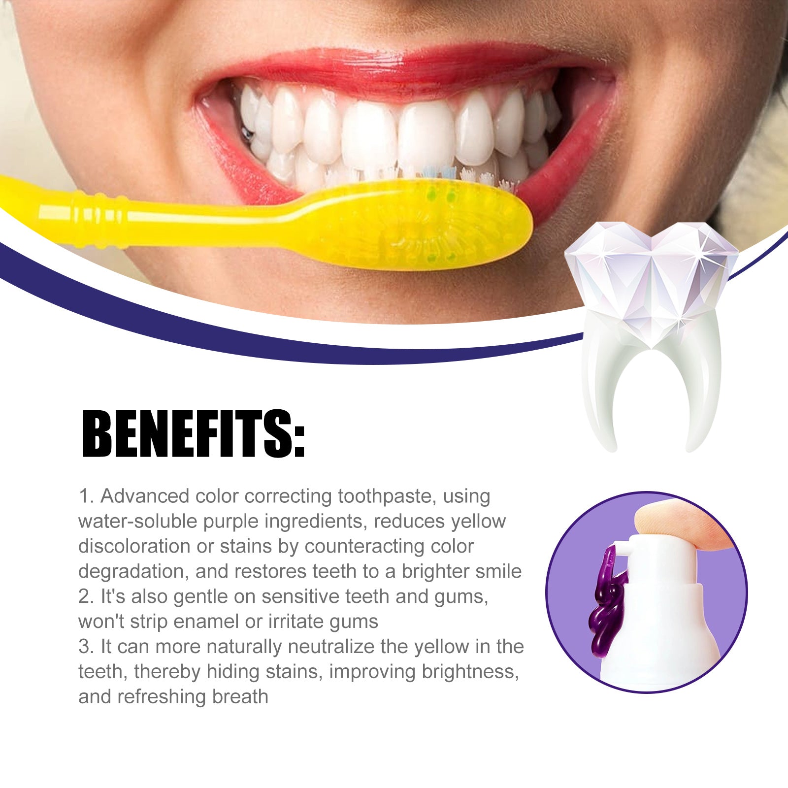 Purple background graphic listing oral trouble solutions: bad breath, tooth yellow, tartar, tooth sensitivity with woman covering mouth
