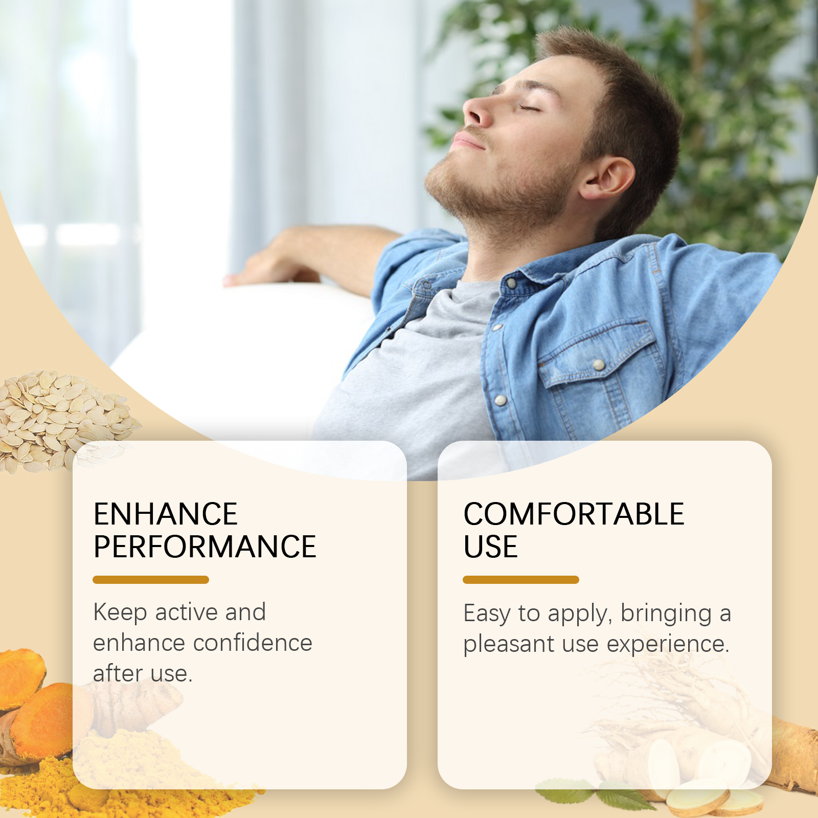 Relaxed man reclining in peaceful environment with product benefits text overlay