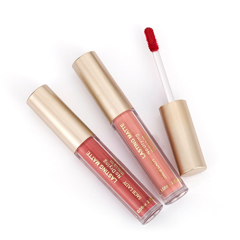 Two product bottles in nude and burgundy shades at angle
