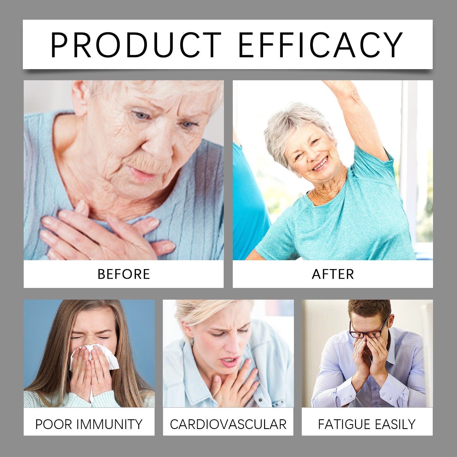 Product efficacy shown with before/after imagery: elderly woman with fatigue vs. active and healthy; young woman sneezing vs. healthy; man with fatigue vs. energetic