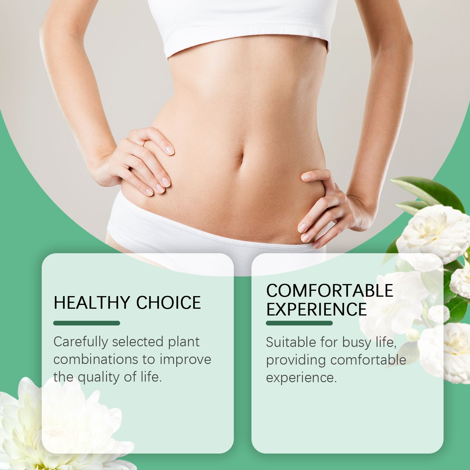 Green marketing slide listing benefits: daily drink convenience, simple packaging, herbal ingredients, gift-suitable; woman measuring waist with tape