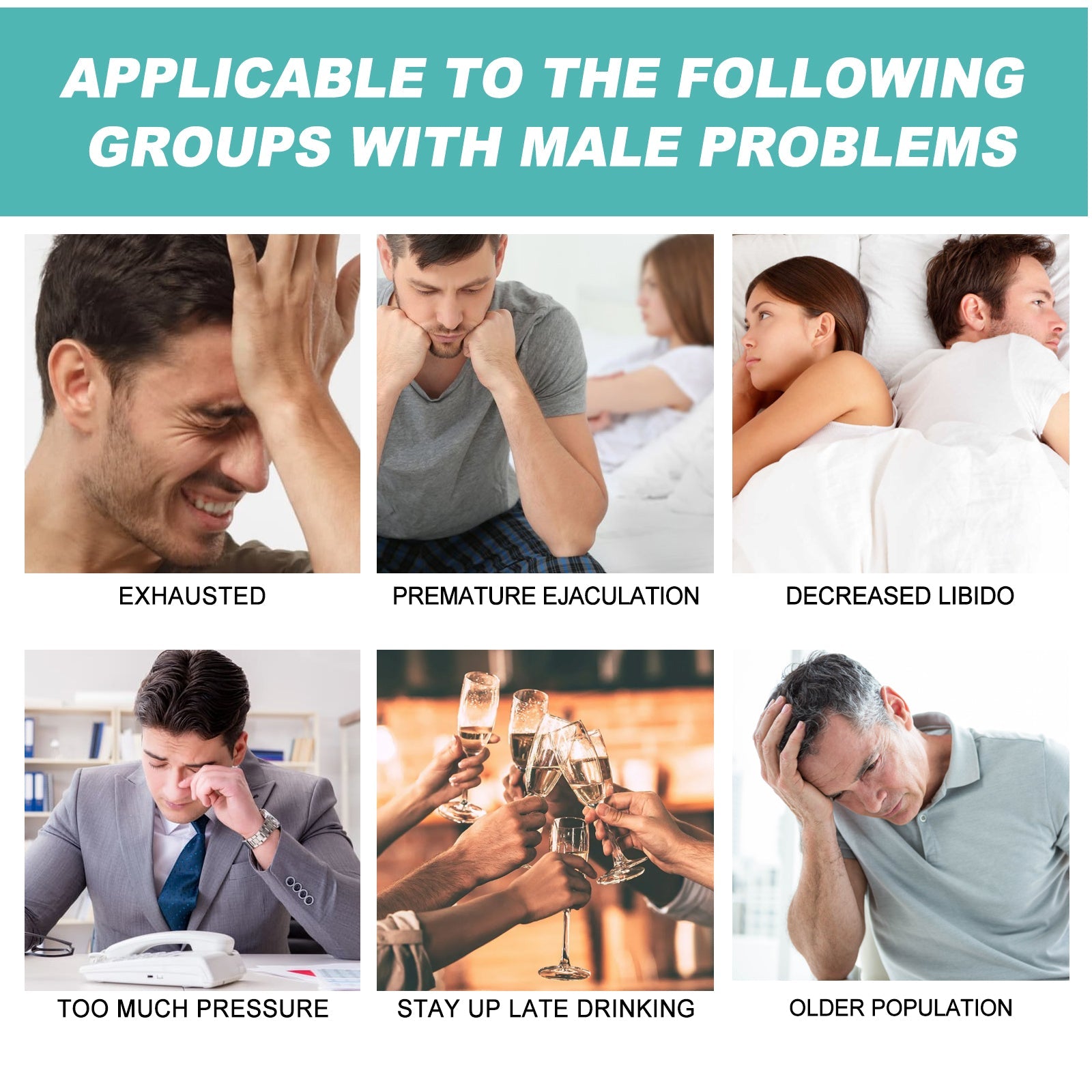 Couple in intimate moment with product and box, plus smaller usage scenario images of couples