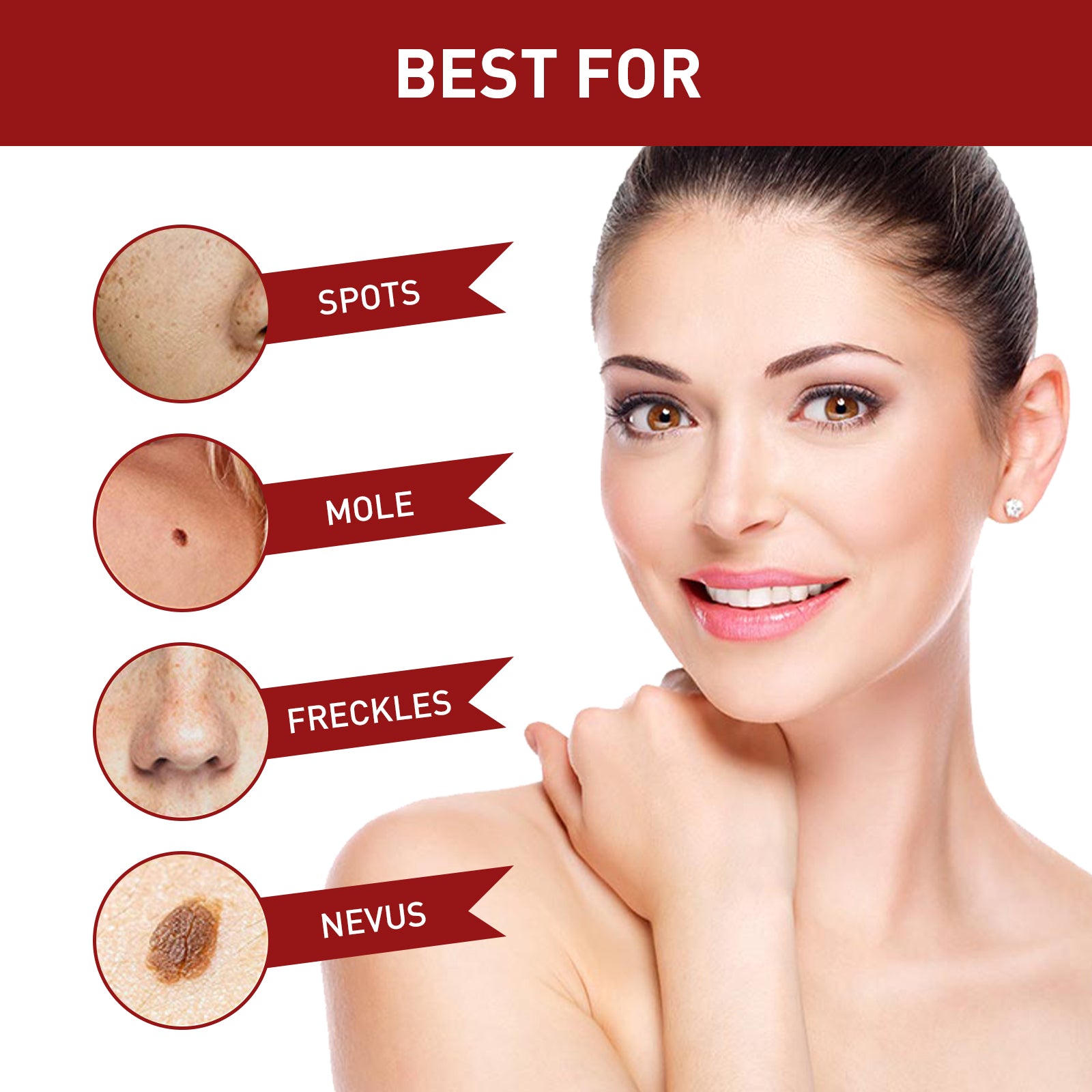 Medical examination of skin growth with dermatologist's gloved hands; headline 'Do You Have These Questions' with grid showing six types of skin concerns
