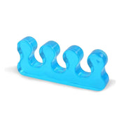 Two blue silicone toe separators shown in use on both feet of a person, with the product pair displayed below the feet