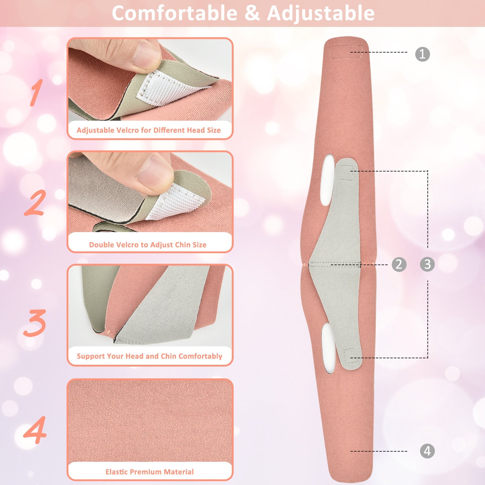 Close-up detail shots of adjustable velcro closures, double velcro chin adjustment system, head support structure, and elastic premium fabric texture