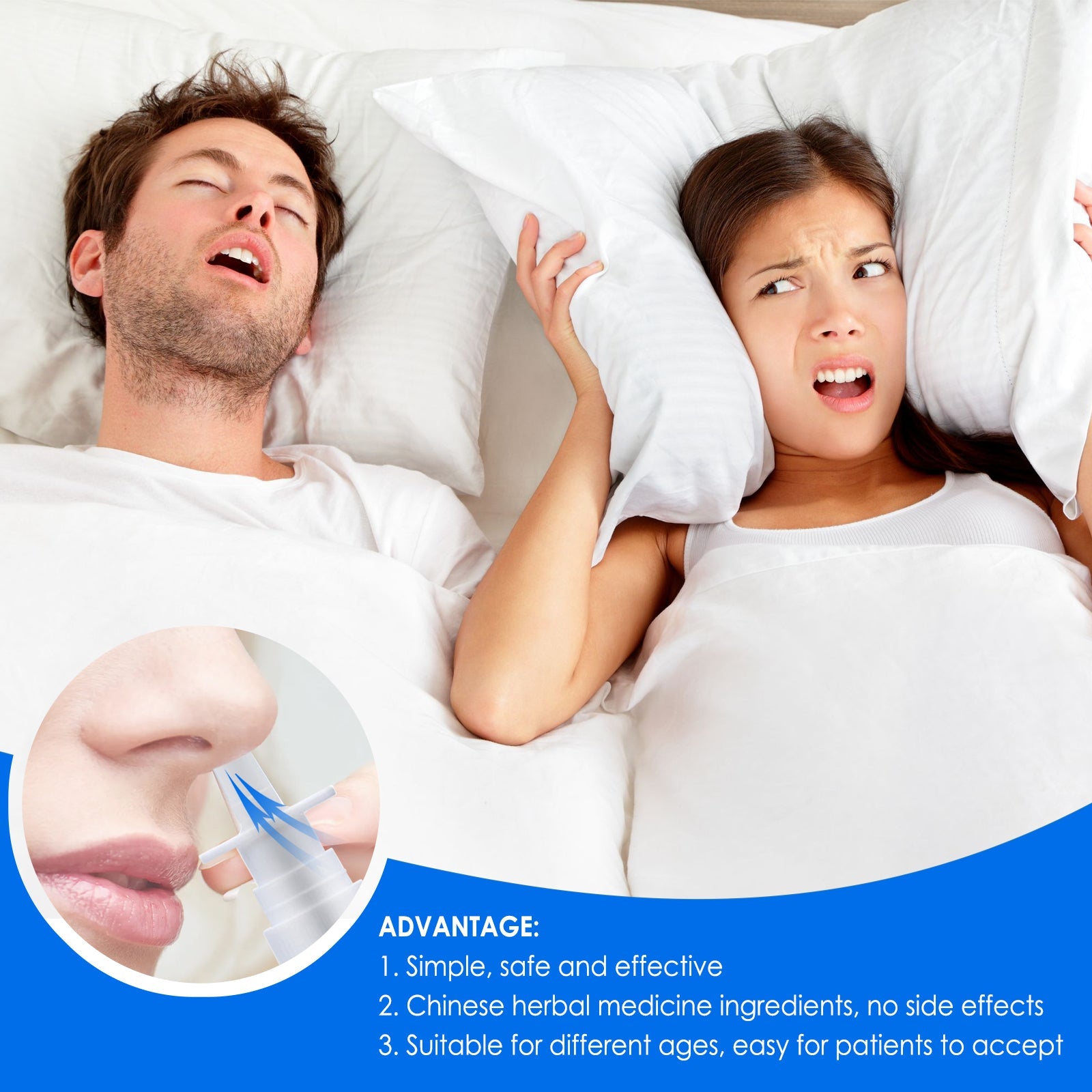 Couple in bed where man snores and woman is upset; inset circle shows close-up of nasal spray application; text highlights advantages including Chinese herbal ingredients and safety