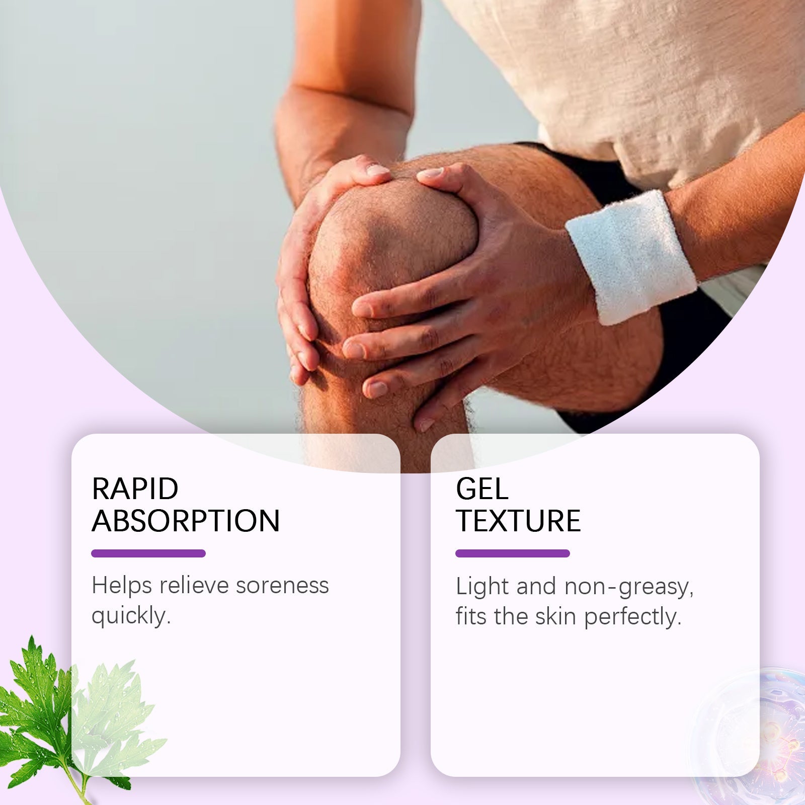 Child and adult hands applying gel to knee with feature callouts: 'RAPID ABSORPTION' and 'GEL TEXTURE'
