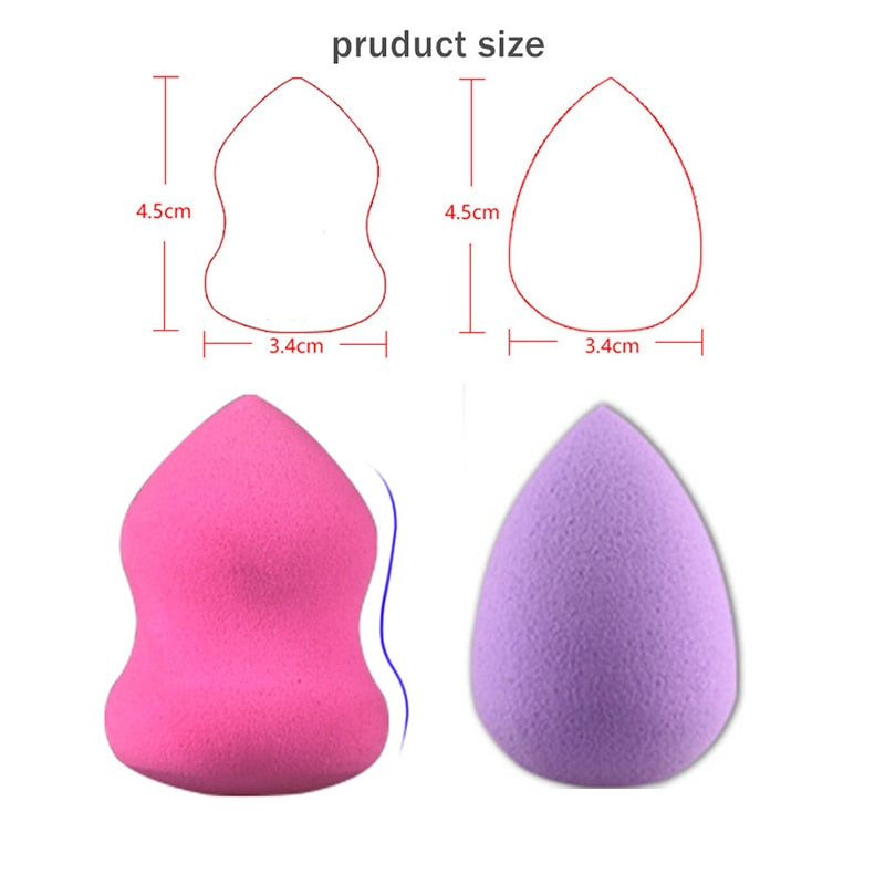 Larger view of all 4 sponge puffs in different shapes and colors arranged with packaging