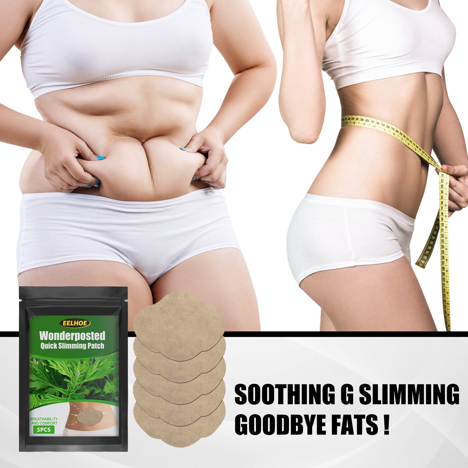 Black resealable pouch with green label showing EELHOE Wonderposted Quick Slimming Patch branding, wormwood plant imagery, and 5PCS count
