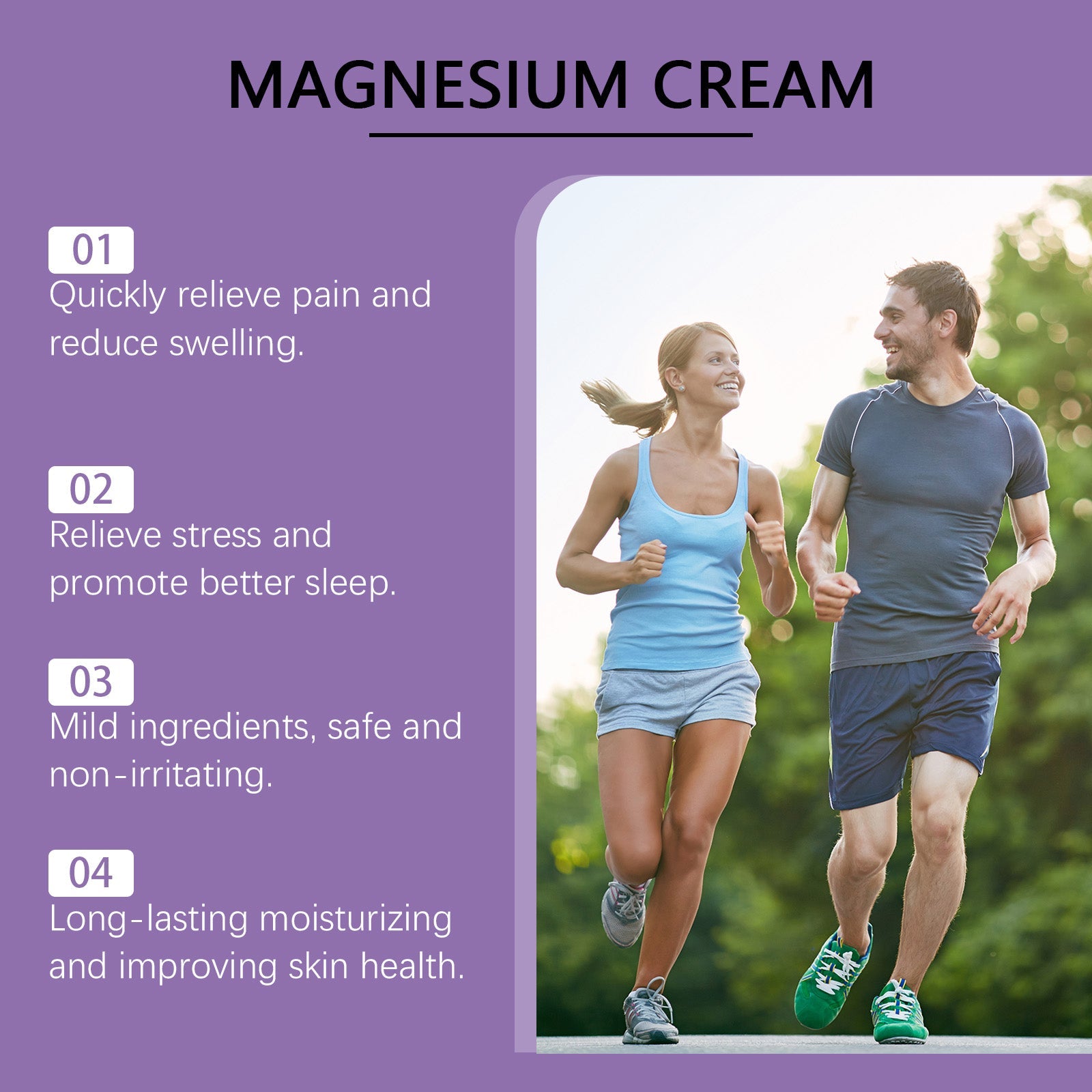 Four numbered benefit points with athletic couple jogging outdoors, showing quick pain relief, stress relief, mild ingredients, and moisturizing benefits