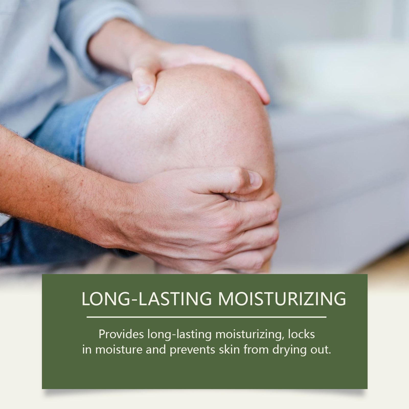 Close-up of hands applying oil to knee/joint area with claim 'Long-lasting moisturizing' on dark green banner