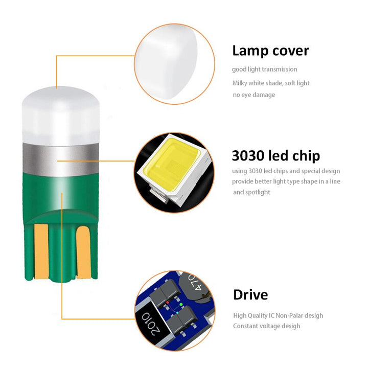 194 LED Bulb — T10 W5W 3030 10‑Pack Brighter Interior Light