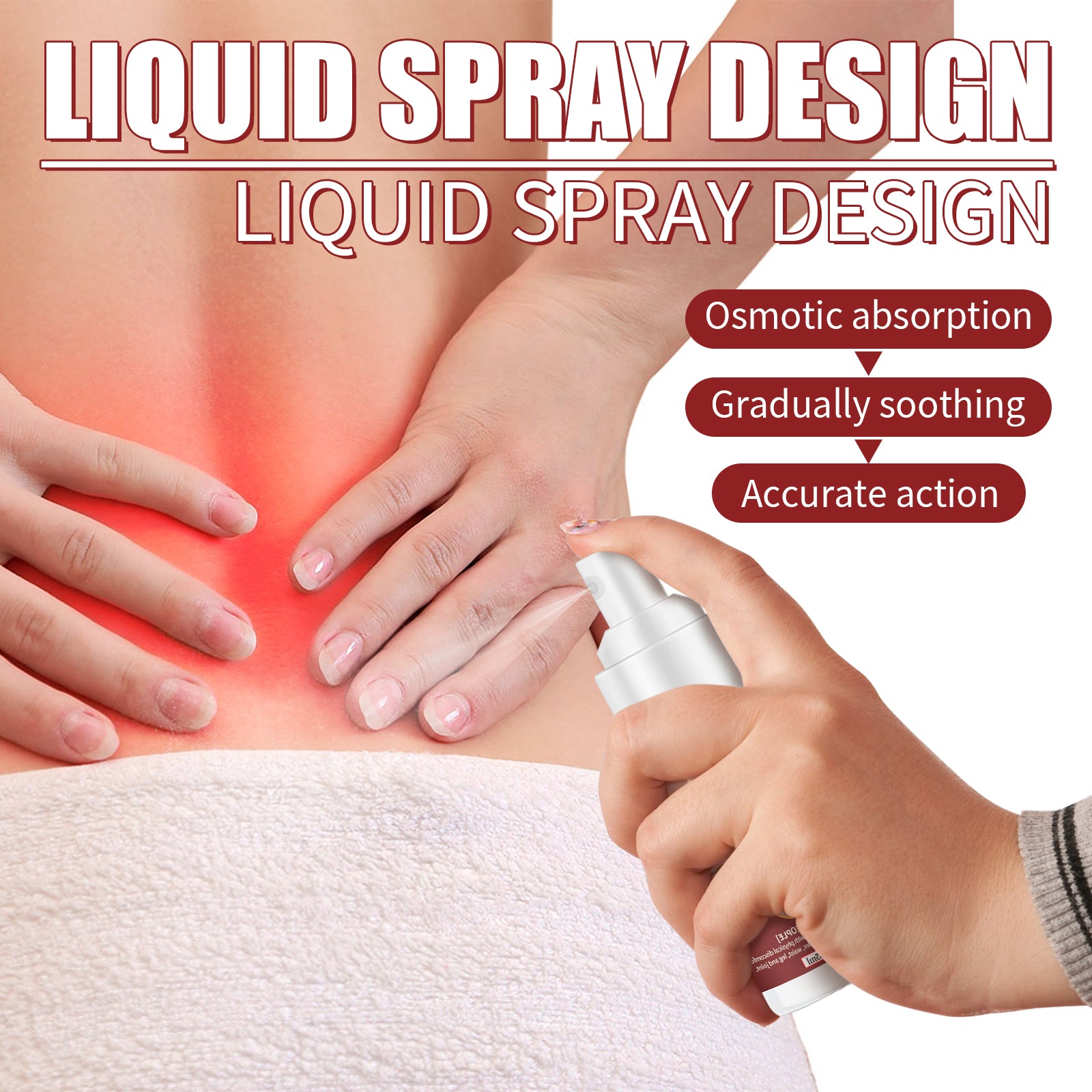 Detailed close-up of spray application on wrist/hand area with infographic highlighting osmotic absorption, gradual soothing, and accurate action
