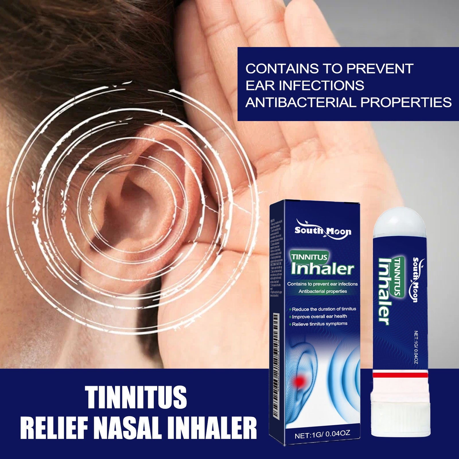 Close-up of ear with concentric sound wave circles and inflammatory red indicator; product packaging beside ear