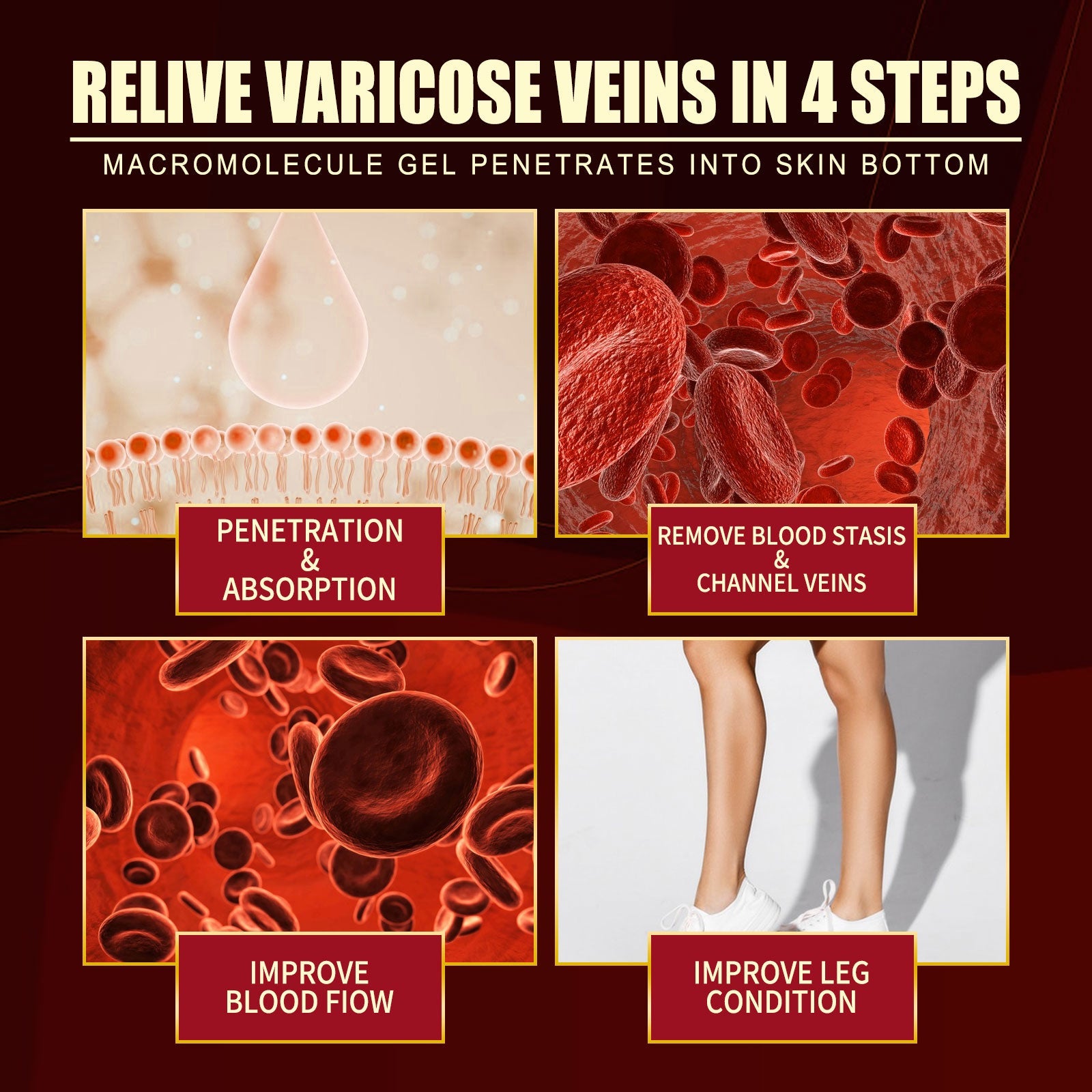 Woman's leg showing side-by-side comparison with circled before/after close-ups of varicose vein area with arrows indicating improvement