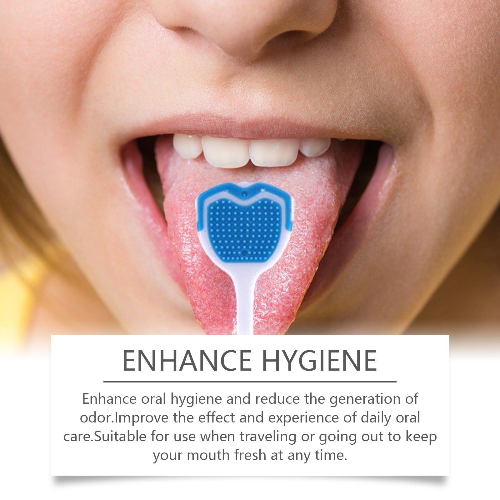 Close-up of pale tongue with herbal mint leaves and text highlighting herbal ingredients and fresh breath benefits