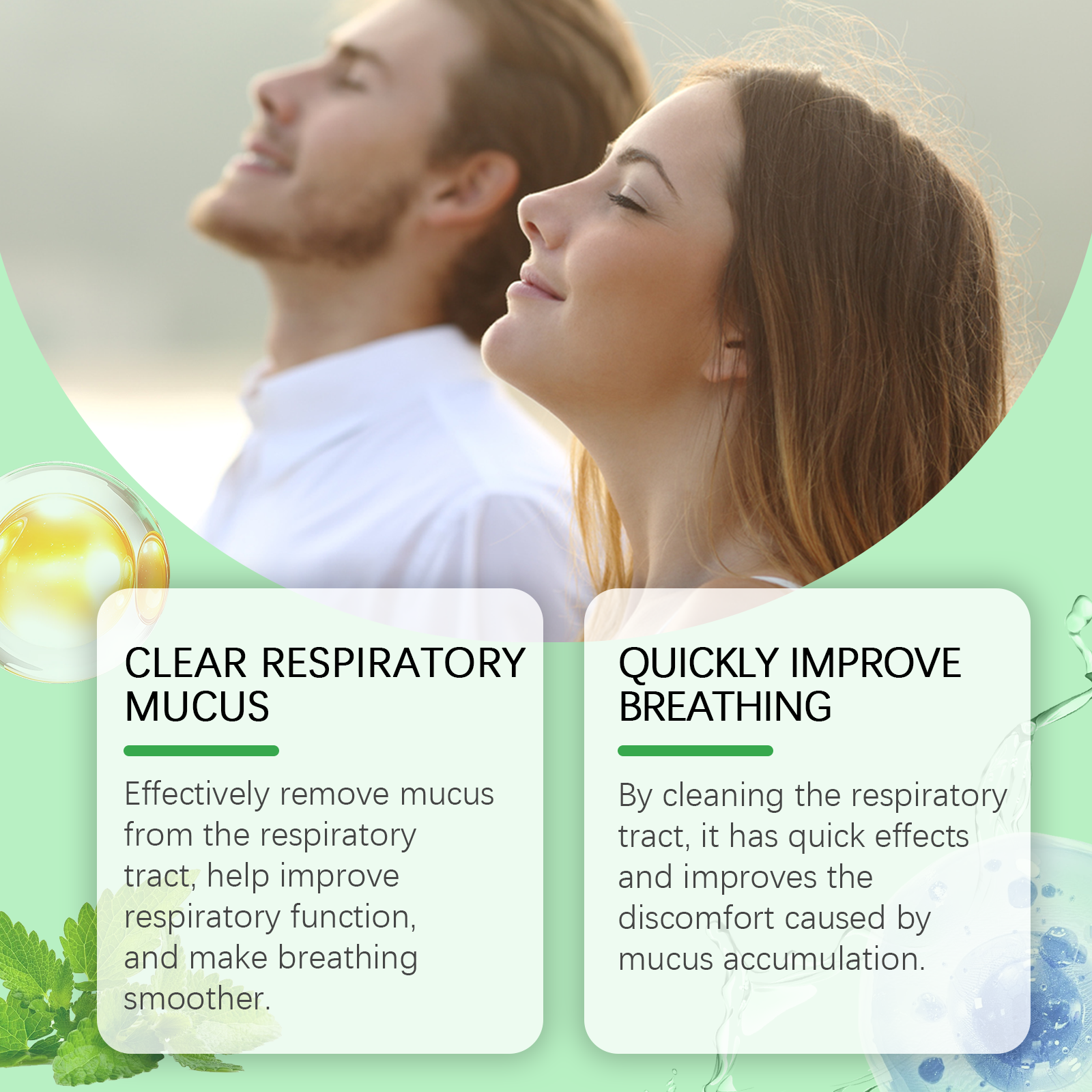 Lifestyle composite showing older man holding spray with distressed breathing expression, and two smaller inset images labeled before/after with woman showing respiratory relief