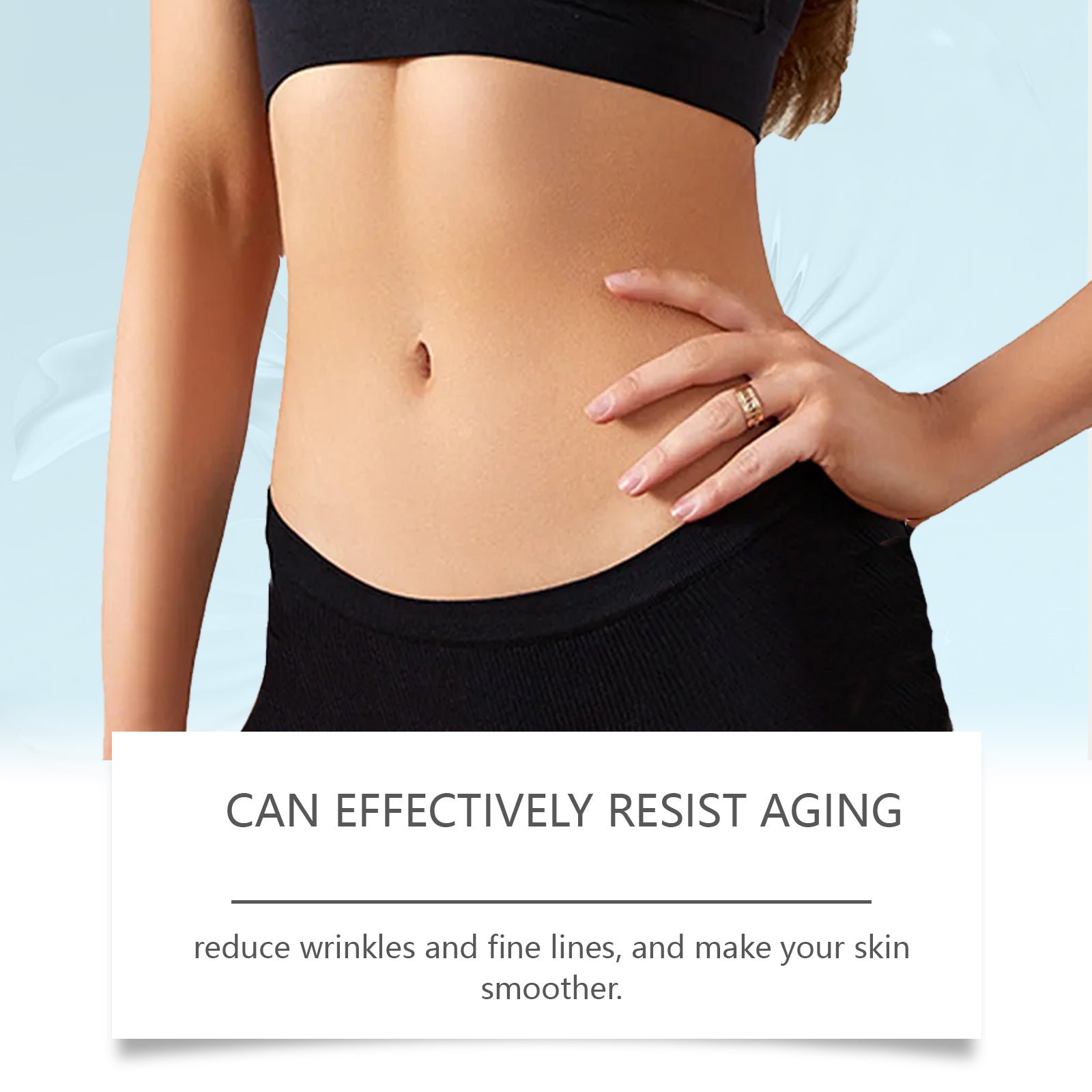 Woman with smooth, toned abdominal skin showcasing anti-aging effects with text 'can effectively resist aging'