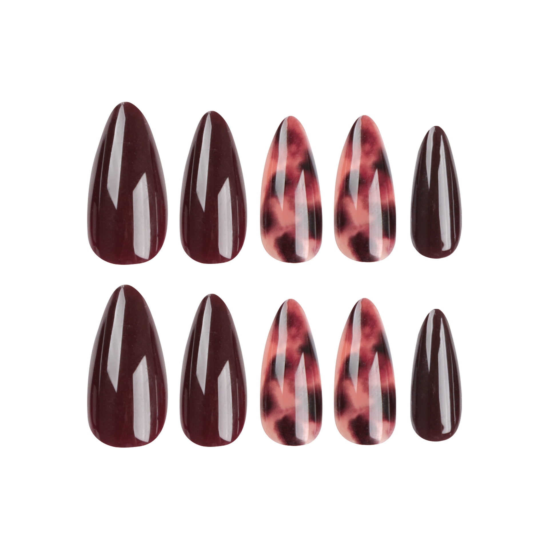 Flat lay of all 24 press-on nails arranged in three rows showing the full size range from large to small, mixing solid dark cherry and tortoiseshell designs