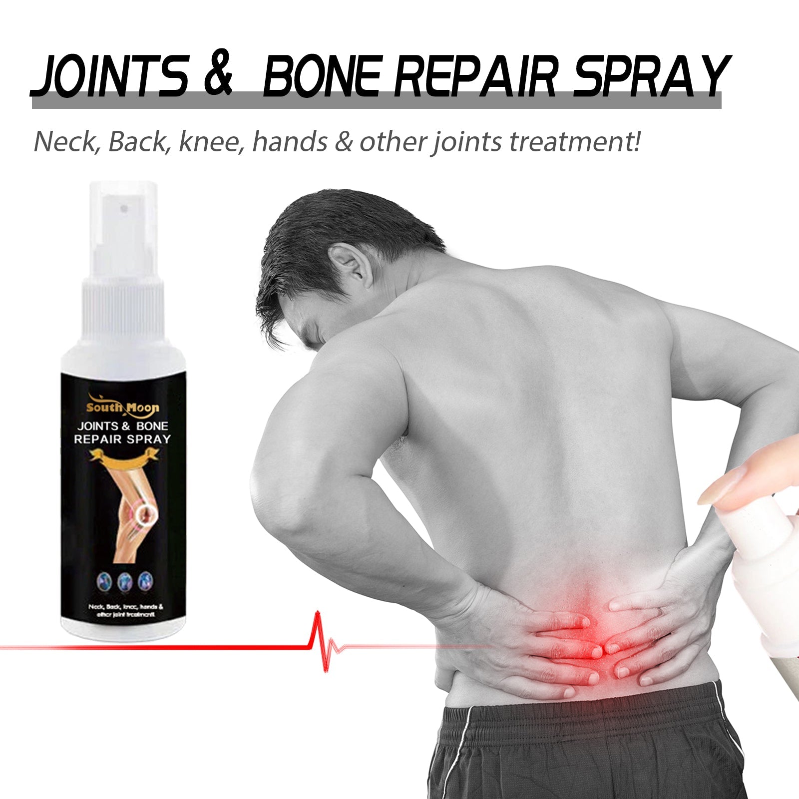 Man demonstrating back and lumbar pain with red pain visualization, spray bottle shown separately