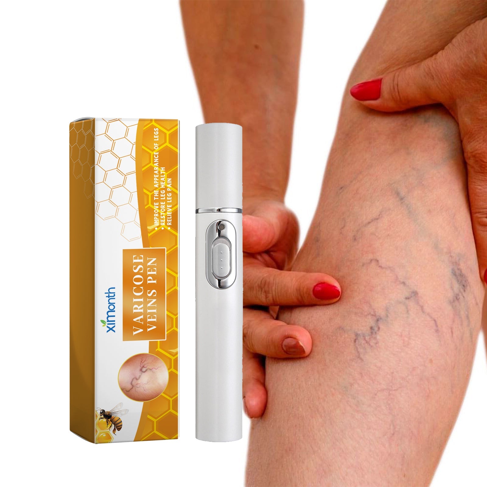 Woman's legs and hands demonstrating smooth skin without visible veins, showing healthy leg appearance and product benefit messaging about blood flow improvement