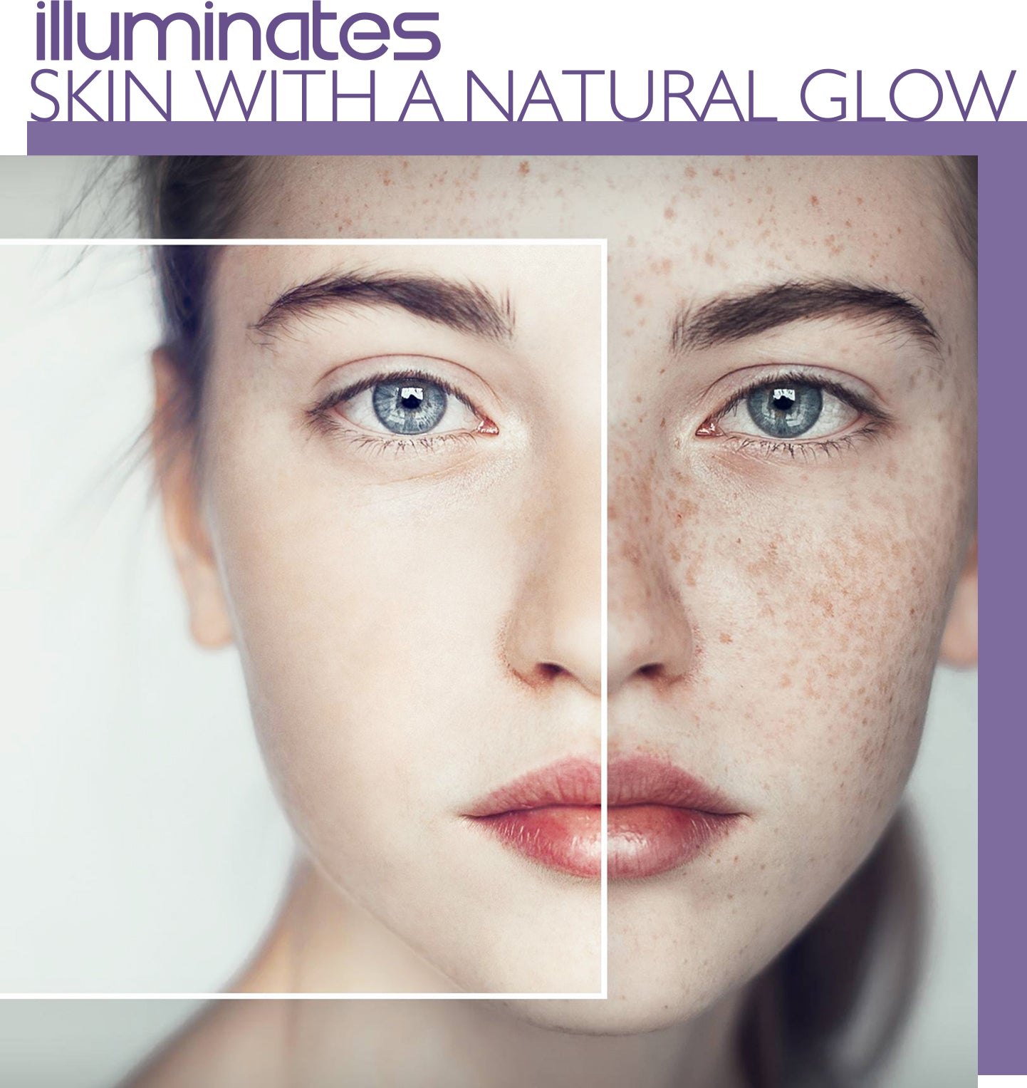 Split-face comparison showing left side with dull, freckled complexion vs. right side with illuminated, even-toned glowing skin
