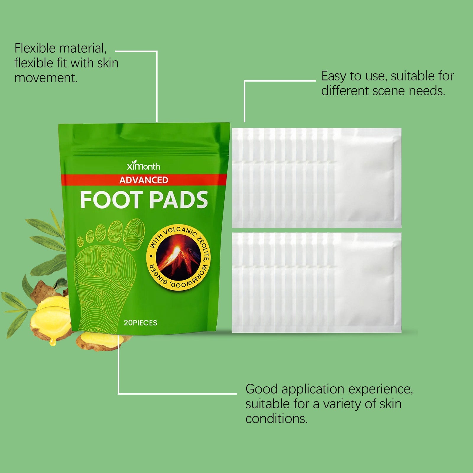 Annotated product image with callouts describing flexible material, easy use, good application experience for various skin conditions