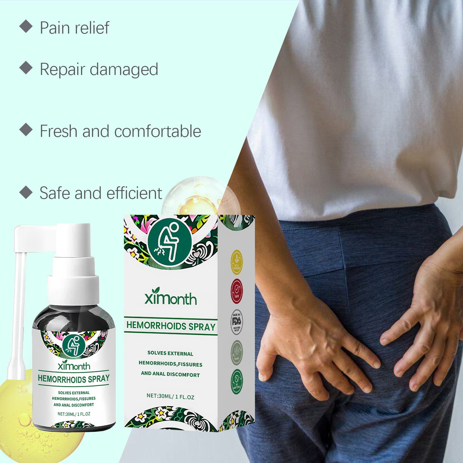 Man showing rear view with inflammatory red pain gradient overlay and two benefit callout cards: Pain Relief and Repair Damaged with descriptive text