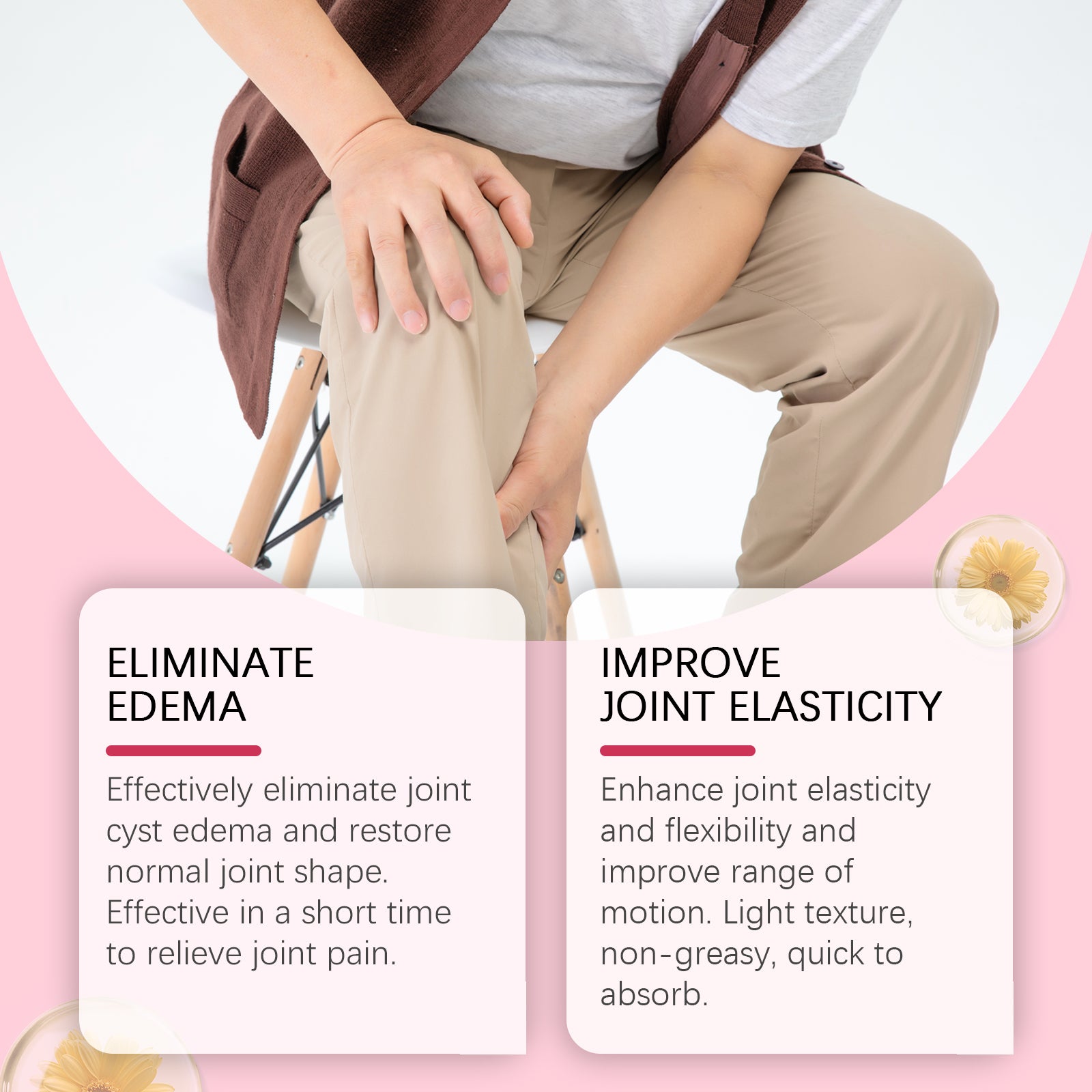 Middle-aged woman applying cream to elderly woman's arm during physical therapy session with pink background and benefit claims