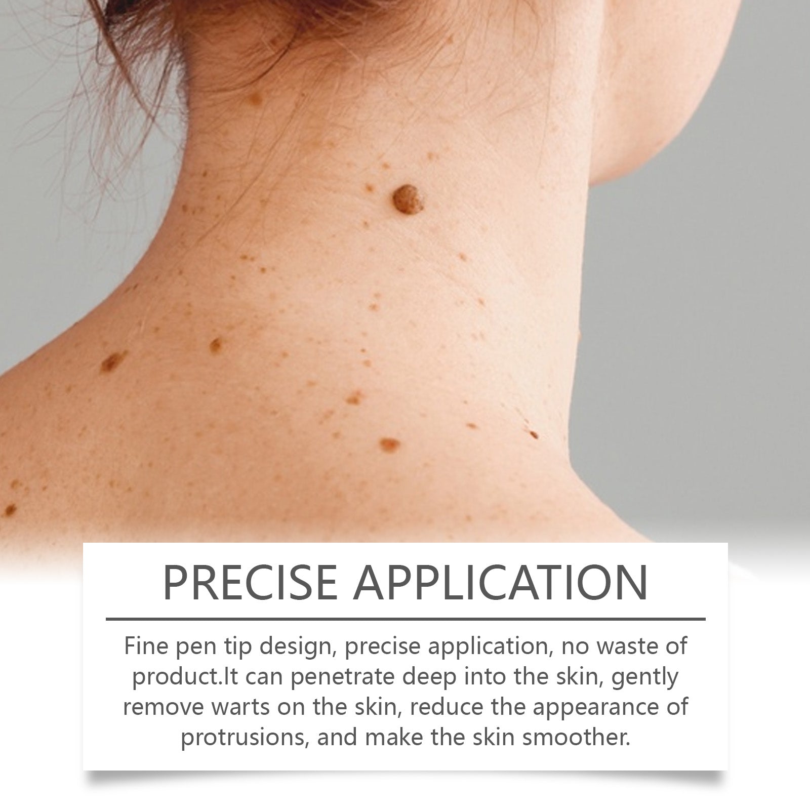 Lifestyle usage scene with key benefit callouts and product application on different body area with magnifying glass showing precision