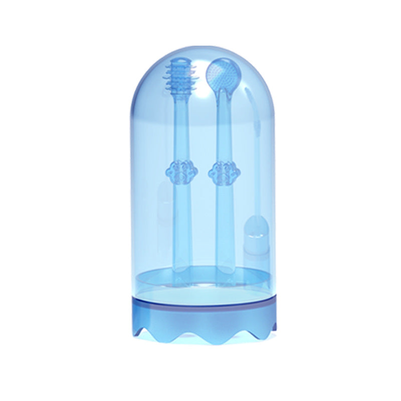 Both silicone toothbrushes stored inside a clear dome-shaped protective case with wavy blue base, plus a small fingertip brush visible inside