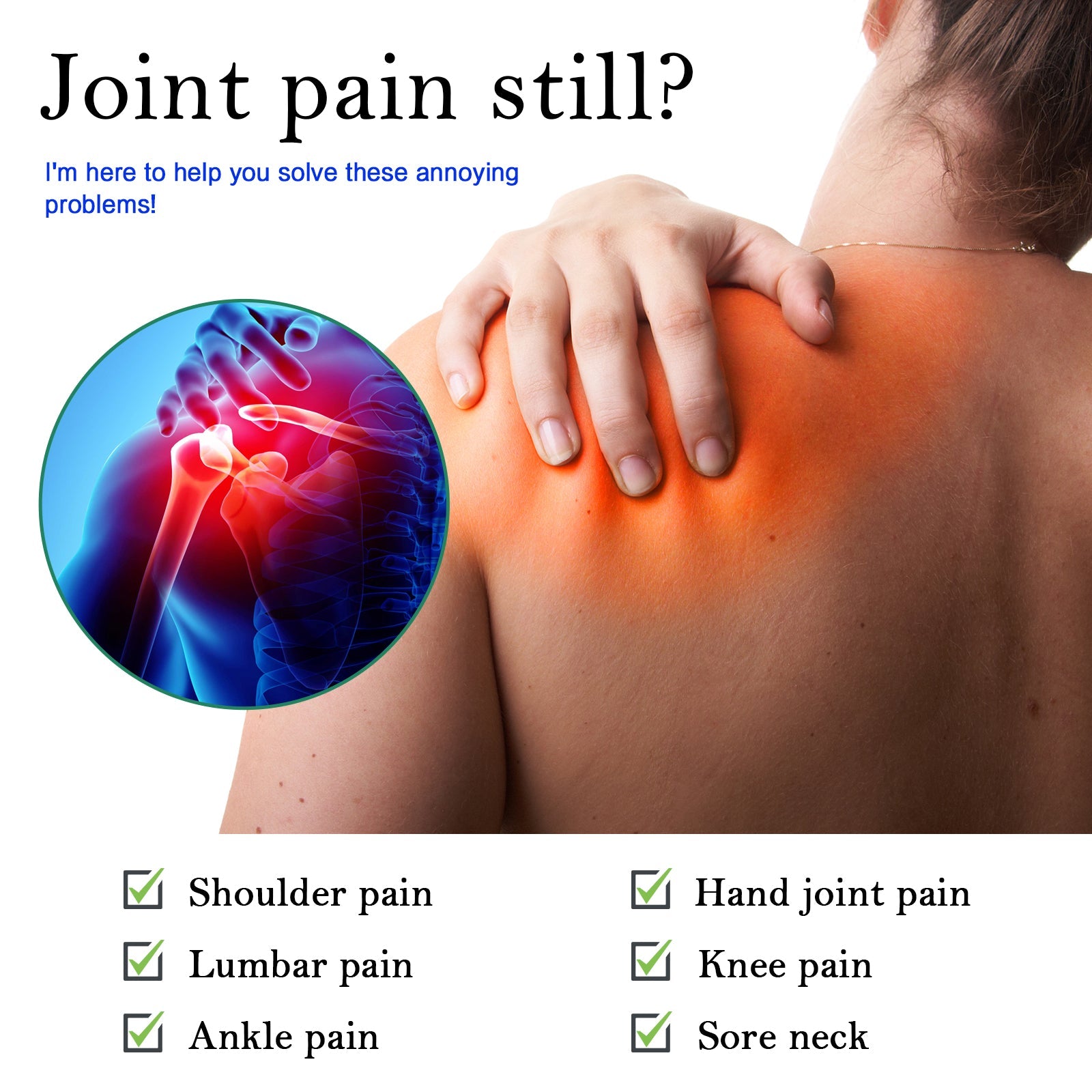 Shoulder pain demonstration with anatomical heat mapping showing multiple pain points including shoulder, lumbar, ankle, knee, hand joints, and neck with green checkmark indicators