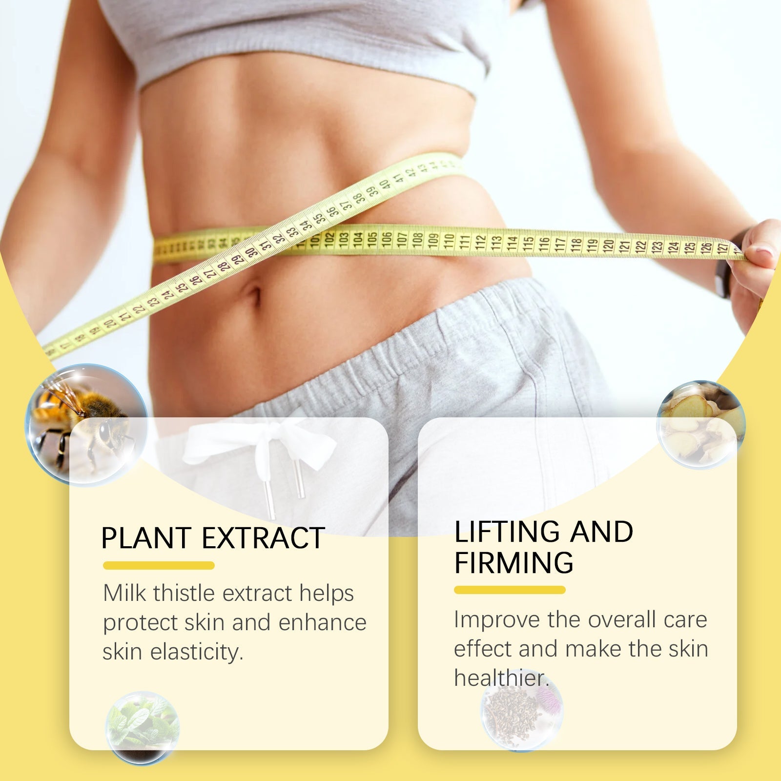 Fit woman measuring waist with tape measure, highlighting plant extract and lifting/firming benefits with ingredient callouts