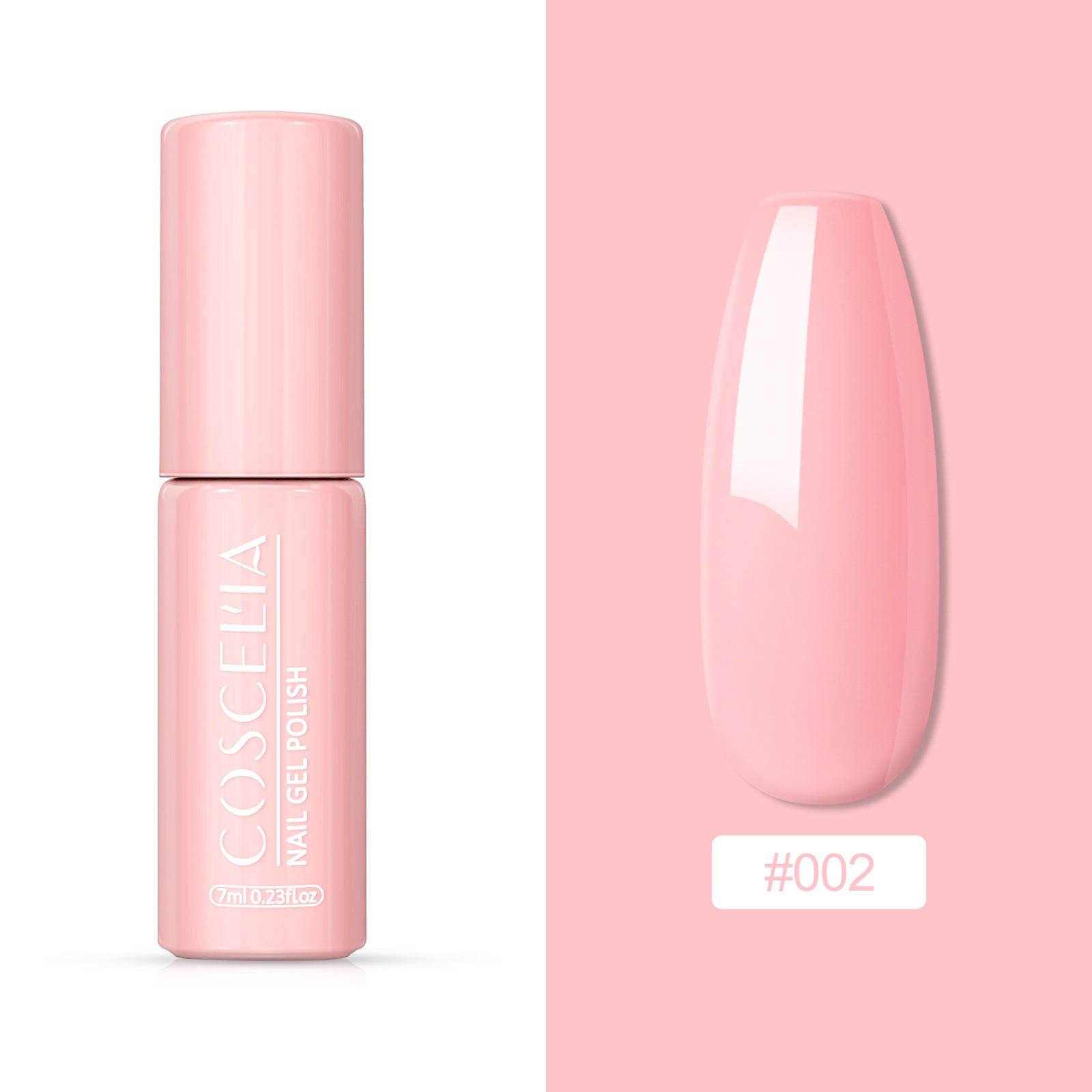 Single gel polish bottle (#002 shade) in soft pink with matching nail swatch showing glossy finish and shade name label
