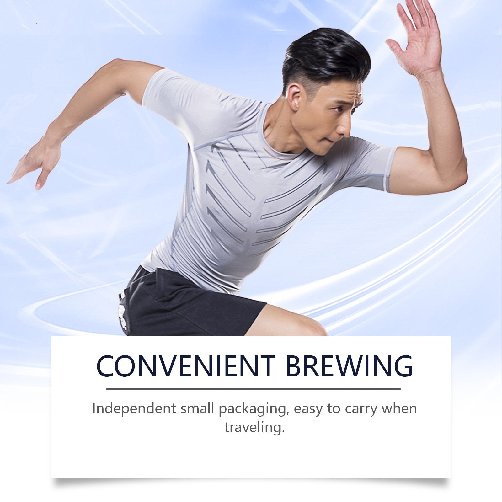 Product packaging with steaming cup of golden-amber tea, mint leaves, and lifestyle messaging about family suitability