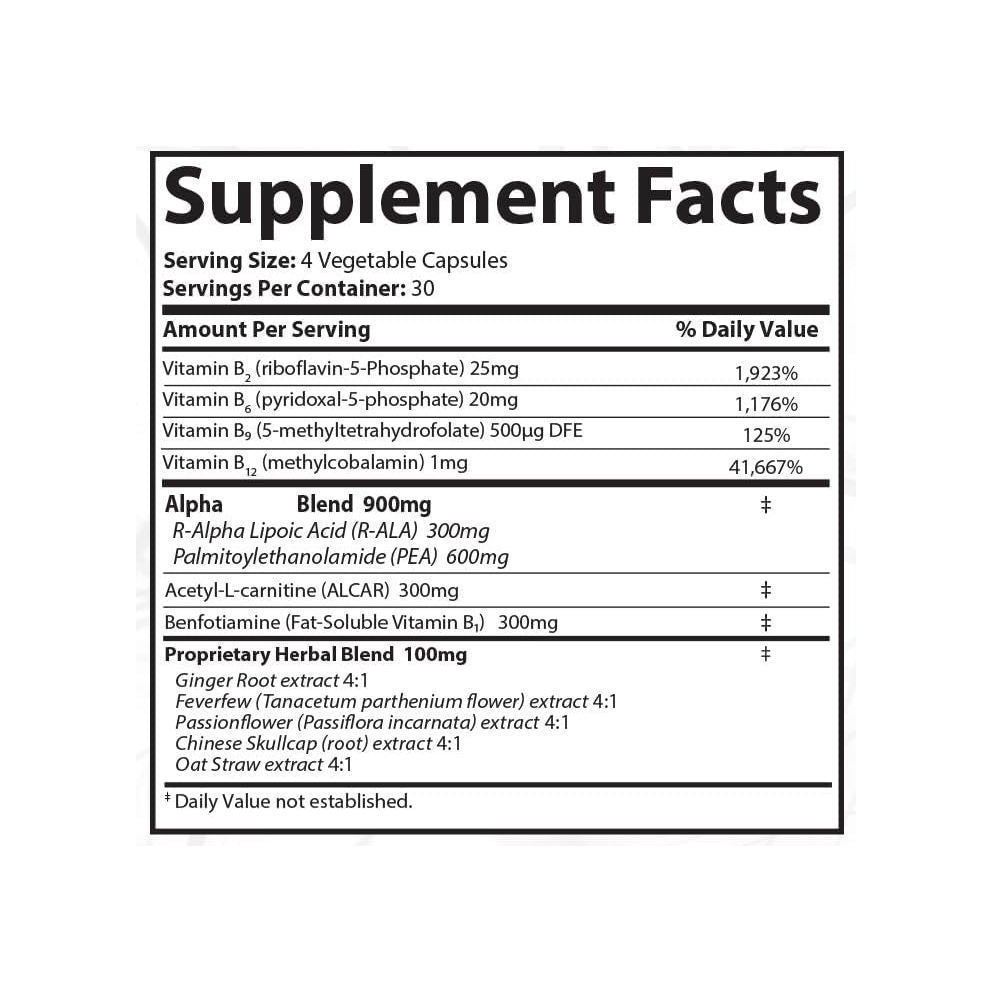 Detailed supplement facts label showing serving size, vitamin content, and proprietary herbal blend ingredients