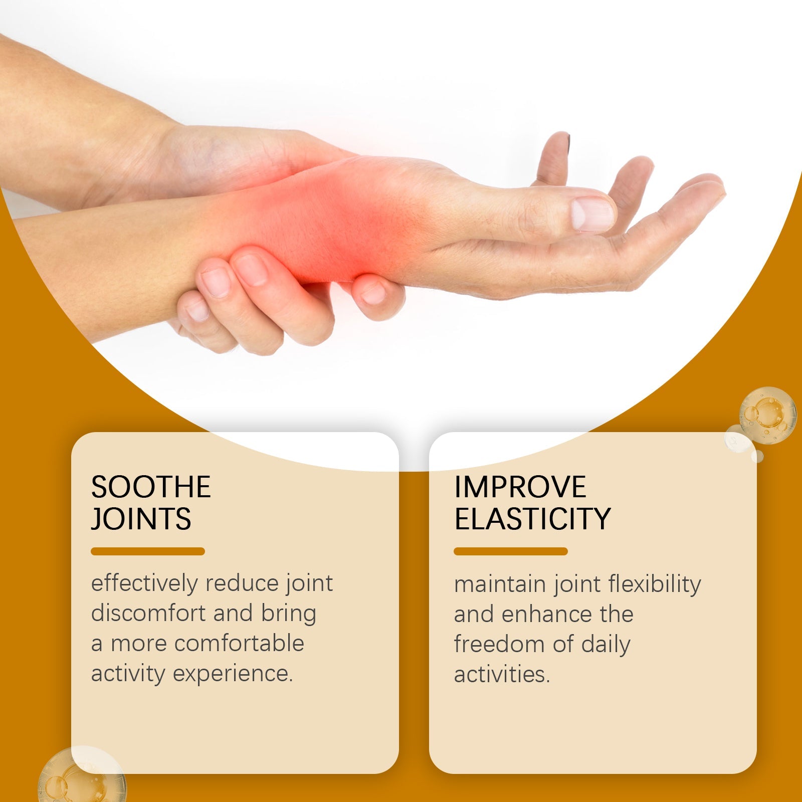 Woman demonstrating joint flexibility with product benefits listed: skin moisturizing, dry joint relief, flexibility maintenance, and enhanced daily activity comfort