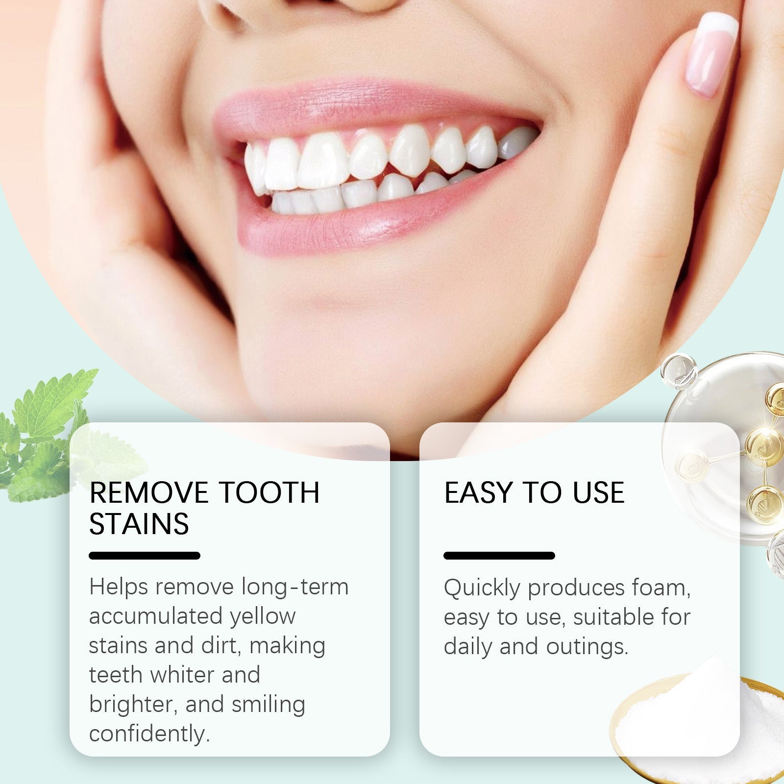 Woman smiling confidently with product, packaging, and benefit statements: smoother teeth, stain removal, easy to use, fresh breath improvement